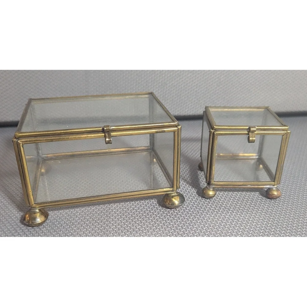 Vintage Brass and Clear Glass Jewelry Trinket Casket Box Set of 2 Footed